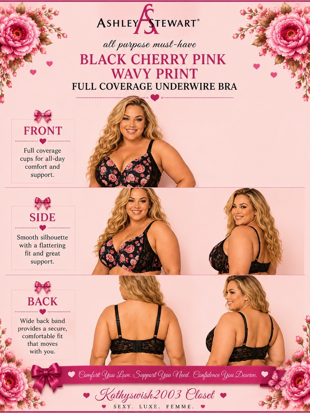 Ashley Stewart Black Floral Full Coverage Underwire Bra, Plus Size 46D NEW w/Tag - Picture 2 of 16